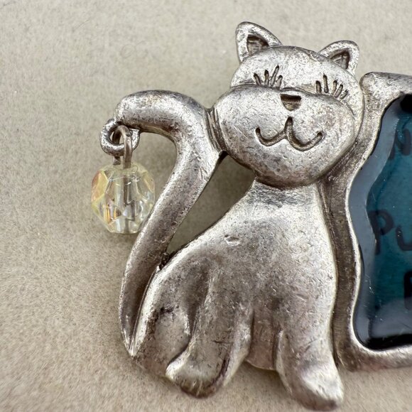 Nanas Are Purr-Fect Cat Pin Brooch With Crystal Charm By TC Vintage Silver Tone - Picture 3 of 6